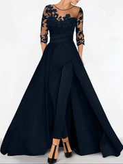 A Line Princess Sweetheart 3 4 Sleeves Floor Length Mother Of The Bride Jumpsuit With Applique