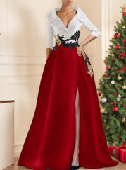 A Line Princess V Neck Floor Length Mother Of The Bride Dresses With Appliques Split Side