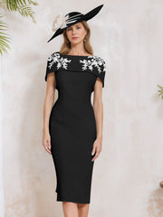 Sheath Column Off The Shoulder Short Sleeves Tea Length Mother Of The Bride Dresses With Appliques Embroidery Bowknot Pearls
