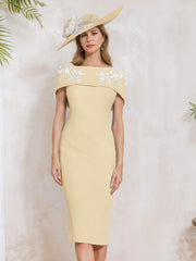 Sheath/Column Off-the-Shoulder Short Sleeves Tea-Length Mother of the Bride Dresses with Appliques, Embroidery, Bowknot & Pearls