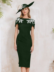 Sheath Column Off The Shoulder Short Sleeves Tea Length Mother Of The Bride Dresses With Appliques Embroidery Bowknot Pearls