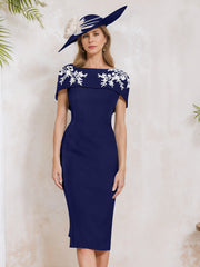 Sheath Column Off The Shoulder Short Sleeves Tea Length Mother Of The Bride Dresses With Appliques Embroidery Bowknot Pearls