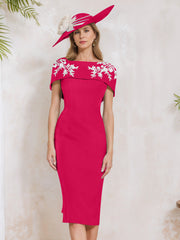 Sheath Column Off The Shoulder Short Sleeves Tea Length Mother Of The Bride Dresses With Appliques Embroidery Bowknot Pearls