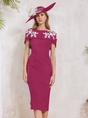 Sheath Column Off The Shoulder Short Sleeves Tea Length Mother Of The Bride Dresses With Appliques Embroidery Bowknot Pearls