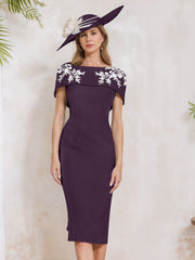 Sheath Column Off The Shoulder Short Sleeves Tea Length Mother Of The Bride Dresses With Appliques Embroidery Bowknot Pearls