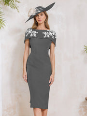 Sheath/Column Off-the-Shoulder Short Sleeves Tea-Length Mother of the Bride Dresses with Appliques, Embroidery, Bowknot & Pearls