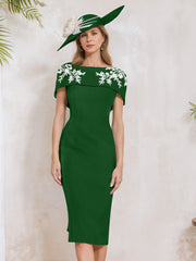 Sheath Column Off The Shoulder Short Sleeves Tea Length Mother Of The Bride Dresses With Appliques Embroidery Bowknot Pearls