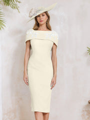 Sheath Column Off The Shoulder Short Sleeves Tea Length Mother Of The Bride Dresses With Appliques Embroidery Bowknot Pearls