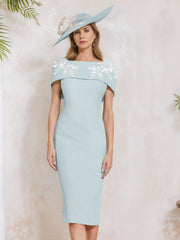 Sheath Column Off The Shoulder Short Sleeves Tea Length Mother Of The Bride Dresses With Appliques Embroidery Bowknot Pearls