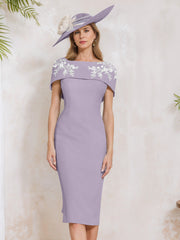 Sheath/Column Off-the-Shoulder Short Sleeves Tea-Length Mother of the Bride Dresses with Appliques, Embroidery, Bowknot & Pearls