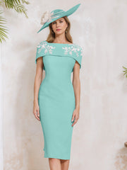 Sheath Column Off The Shoulder Short Sleeves Tea Length Mother Of The Bride Dresses With Appliques Embroidery Bowknot Pearls