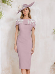 Sheath Column Off The Shoulder Short Sleeves Tea Length Mother Of The Bride Dresses With Appliques Embroidery Bowknot Pearls