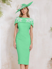 Sheath Column Off The Shoulder Short Sleeves Tea Length Mother Of The Bride Dresses With Appliques Embroidery Bowknot Pearls