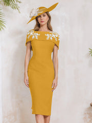 Sheath Column Off The Shoulder Short Sleeves Tea Length Mother Of The Bride Dresses With Appliques Embroidery Bowknot Pearls