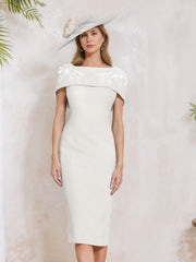 Sheath Column Off The Shoulder Short Sleeves Tea Length Mother Of The Bride Dresses With Appliques Embroidery Bowknot Pearls
