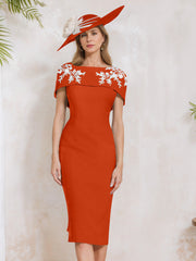 Sheath/Column Off-the-Shoulder Short Sleeves Tea-Length Mother of the Bride Dresses with Appliques, Embroidery, Bowknot & Pearls