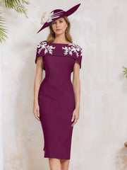 Sheath Column Off The Shoulder Short Sleeves Tea Length Mother Of The Bride Dresses With Appliques Embroidery Bowknot Pearls