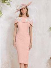 Sheath/Column Off-the-Shoulder Short Sleeves Tea-Length Mother of the Bride Dresses with Appliques, Embroidery, Bowknot & Pearls