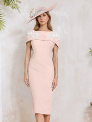 Sheath Column Off The Shoulder Short Sleeves Tea Length Mother Of The Bride Dresses With Appliques Embroidery Bowknot Pearls