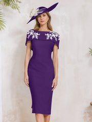 Sheath Column Off The Shoulder Short Sleeves Tea Length Mother Of The Bride Dresses With Appliques Embroidery Bowknot Pearls