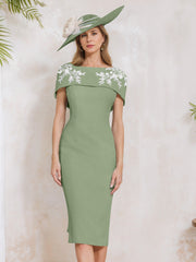 Sheath Column Off The Shoulder Short Sleeves Tea Length Mother Of The Bride Dresses With Appliques Embroidery Bowknot Pearls