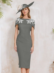 Sheath Column Off The Shoulder Short Sleeves Tea Length Mother Of The Bride Dresses With Appliques Embroidery Bowknot Pearls