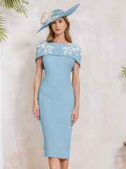 Sheath/Column Off-the-Shoulder Short Sleeves Tea-Length Mother of the Bride Dresses with Appliques, Embroidery, Bowknot & Pearls