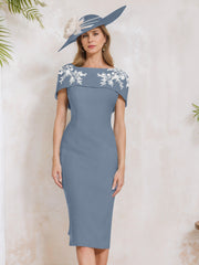 Sheath/Column Off-the-Shoulder Short Sleeves Tea-Length Mother of the Bride Dresses with Appliques, Embroidery, Bowknot & Pearls