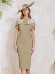 Sheath Column Off The Shoulder Short Sleeves Tea Length Mother Of The Bride Dresses With Appliques Embroidery Bowknot Pearls