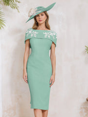 Sheath Column Off The Shoulder Short Sleeves Tea Length Mother Of The Bride Dresses With Appliques Embroidery Bowknot Pearls