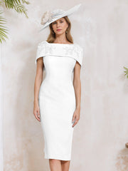 Sheath Column Off The Shoulder Short Sleeves Tea Length Mother Of The Bride Dresses With Appliques Embroidery Bowknot Pearls