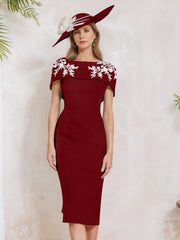 Sheath Column Off The Shoulder Short Sleeves Tea Length Mother Of The Bride Dresses With Appliques Embroidery Bowknot Pearls