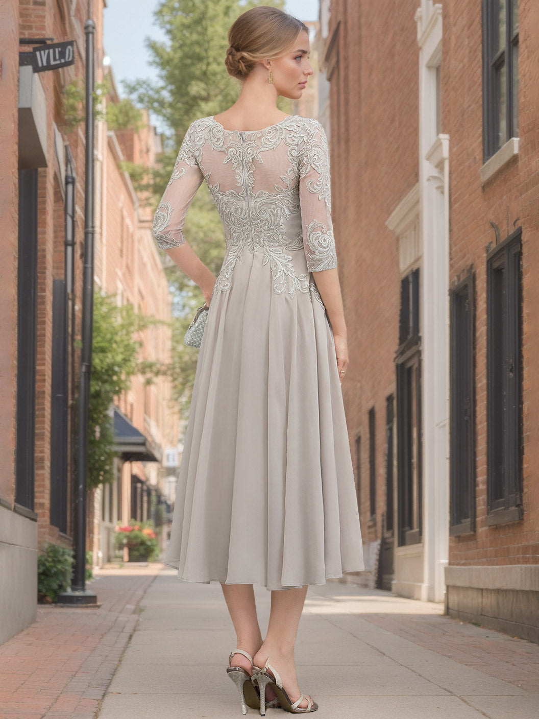 A Line Princess Scoop Neck Half Sleeves Tea Length Mother Of The Bride Dresses With Appliques Lace