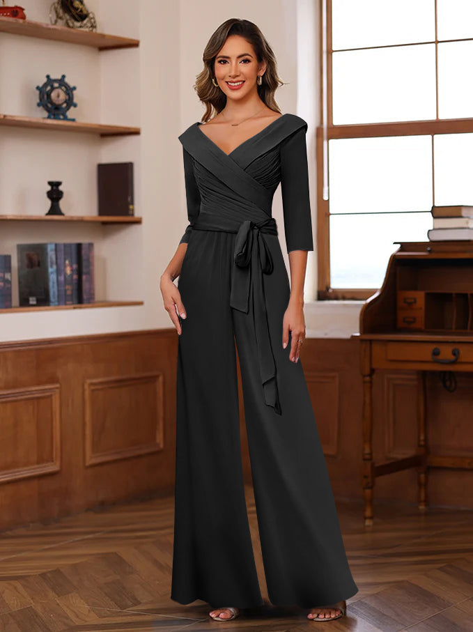 Ruched Chiffon V Neck 3 4 Sleeves Mother Of The Jumpsuit