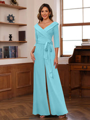Ruched Chiffon V-Neck 3/4 Sleeves Mother of the Jumpsuit