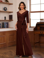Ruched Chiffon V Neck 3 4 Sleeves Mother Of The Jumpsuit