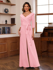 Ruched Chiffon V-Neck 3/4 Sleeves Mother of the Jumpsuit