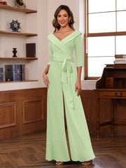 Ruched Chiffon V Neck 3 4 Sleeves Mother Of The Jumpsuit