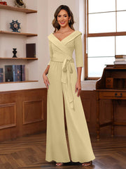 Ruched Chiffon V Neck 3 4 Sleeves Mother Of The Jumpsuit