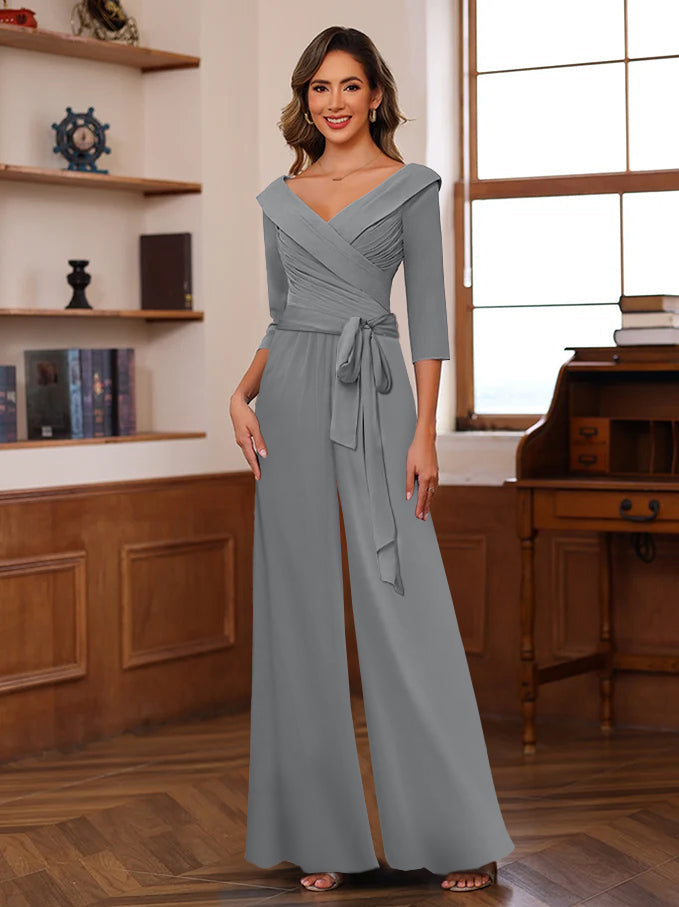 Ruched Chiffon V Neck 3 4 Sleeves Mother Of The Jumpsuit