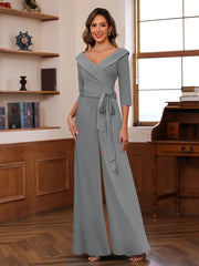Ruched Chiffon V Neck 3 4 Sleeves Mother Of The Jumpsuit