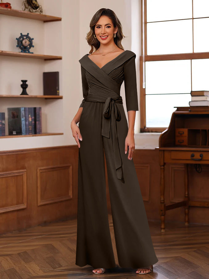 Ruched Chiffon V Neck 3 4 Sleeves Mother Of The Jumpsuit