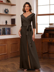 Ruched Chiffon V-Neck 3/4 Sleeves Mother of the Jumpsuit