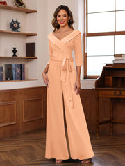 Ruched Chiffon V-Neck 3/4 Sleeves Mother of the Jumpsuit
