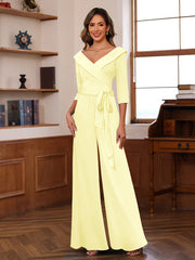 Ruched Chiffon V Neck 3 4 Sleeves Mother Of The Jumpsuit