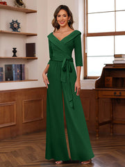 Ruched Chiffon V-Neck 3/4 Sleeves Mother of the Jumpsuit