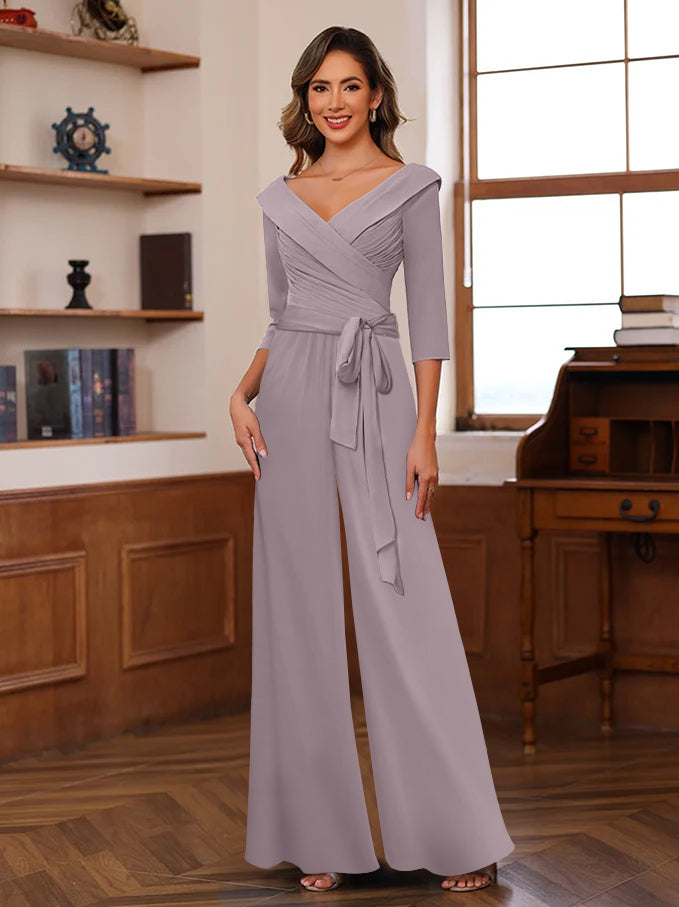 Ruched Chiffon V Neck 3 4 Sleeves Mother Of The Jumpsuit