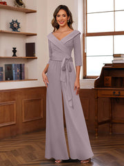 Ruched Chiffon V Neck 3 4 Sleeves Mother Of The Jumpsuit