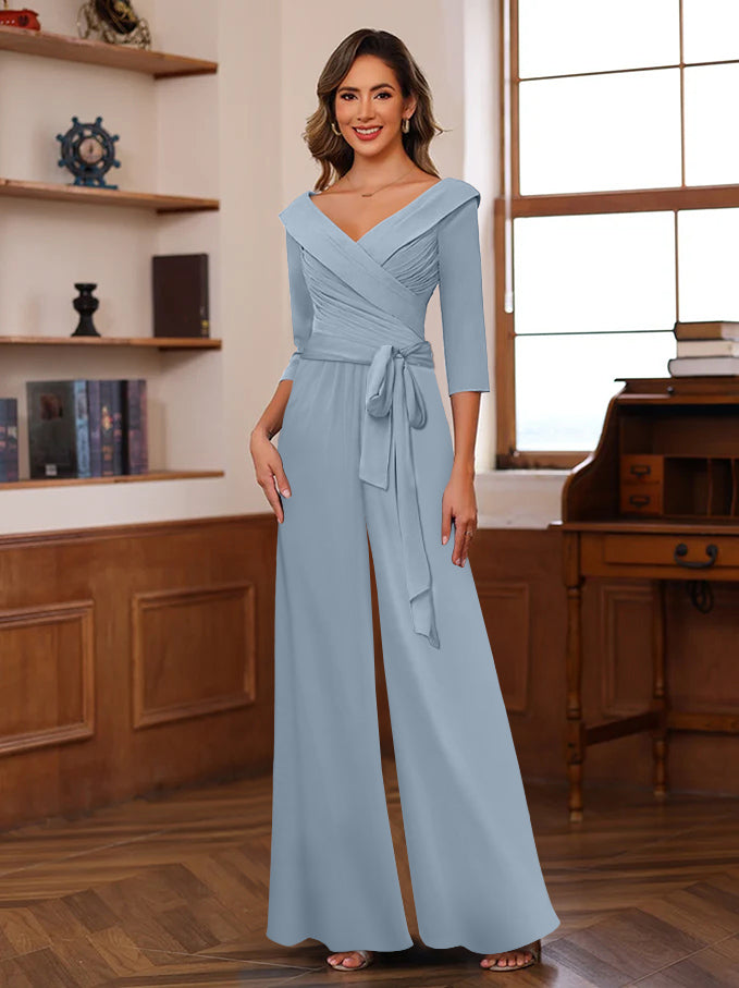 Ruched Chiffon V Neck 3 4 Sleeves Mother Of The Jumpsuit