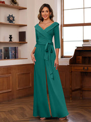 Ruched Chiffon V-Neck 3/4 Sleeves Mother of the Jumpsuit